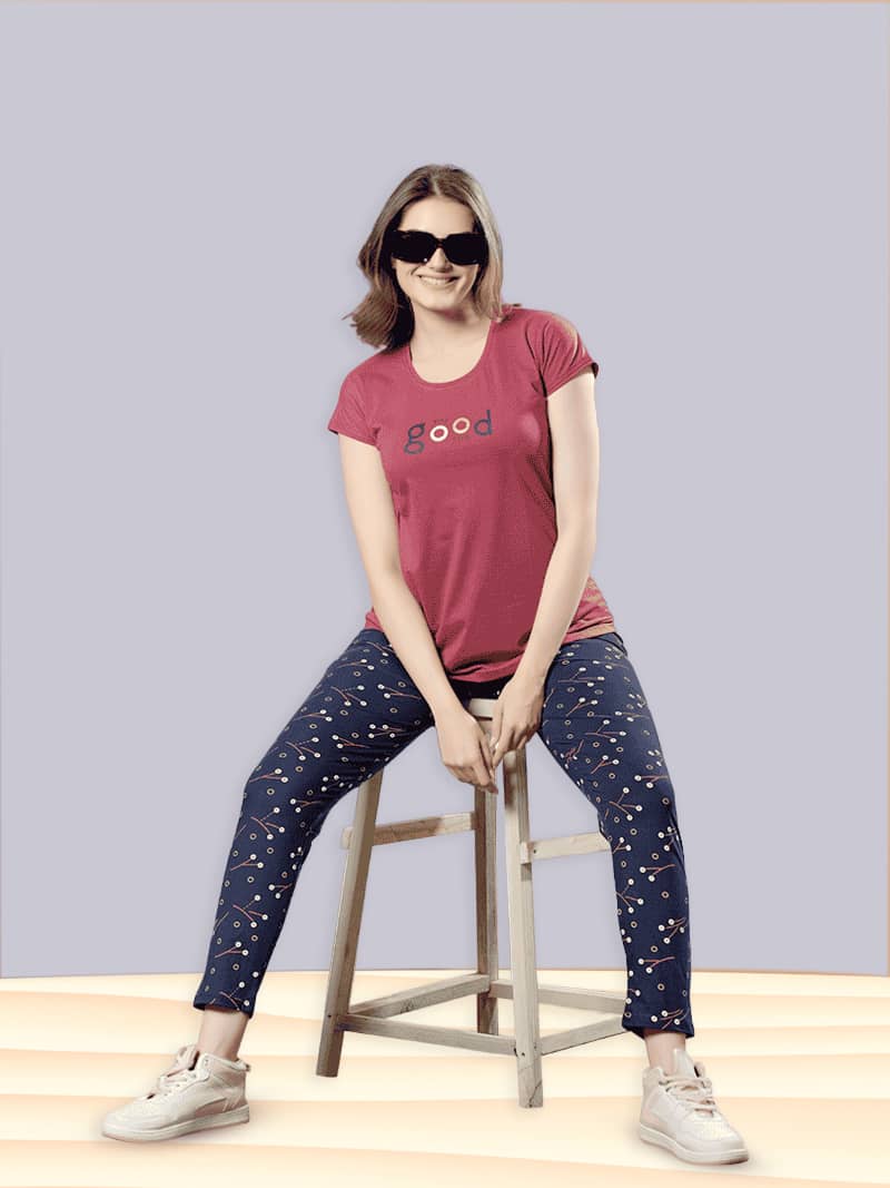 Cotton Printed T-shirt & Pyjama Set In Red Blue | Bold & Bae Fashion